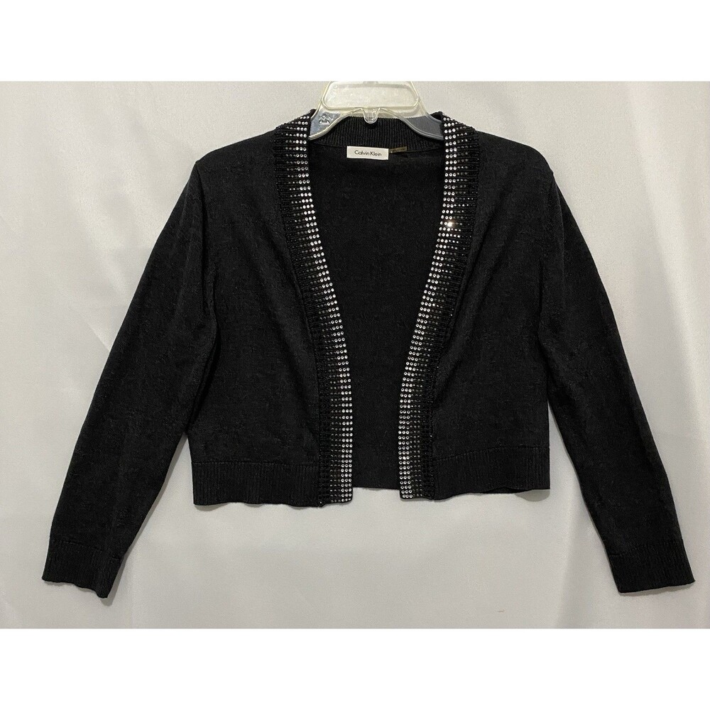 Calvin Klein Womens Open Front Cardigan Charcoal Gray Rhinestone Trim Size M